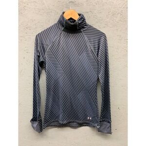 Under‎ Armour Women's Long Sleeve Top Medium Gray Black Stripe Mock Neck Fitted